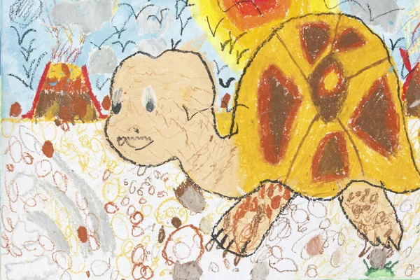 Barn 9 år gammal ritning sköldpaddan bor i öknen — Stockfoto