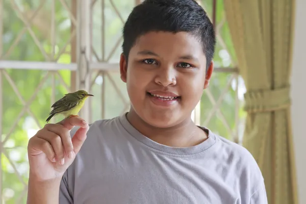 Junge und Vogel — Stockfoto