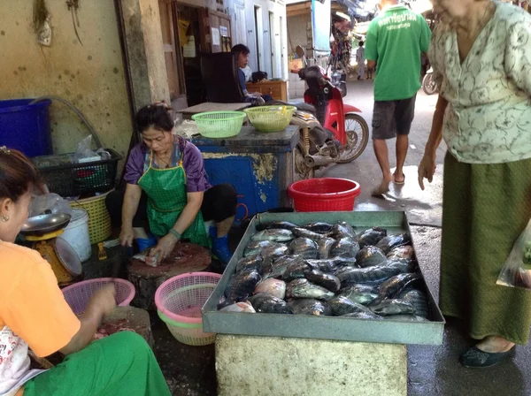 Femme thaïlandaise vendent des poissons sur le marché thaïlandais — Photo