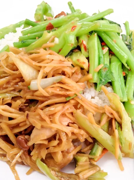 Boiled rice with stir fried cabbage and stir fried chicken with ginger — Stock Photo, Image