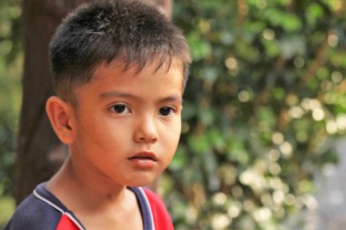 Asian Thai little boy play in the backyard