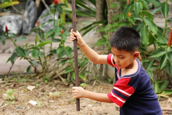 Asian Thai Little Boy Play Backyard — Foto Stock