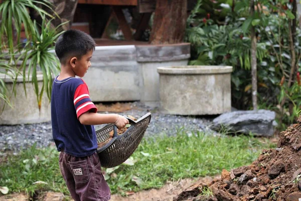 Asian Boy Pours Soil Bucket — 图库照片