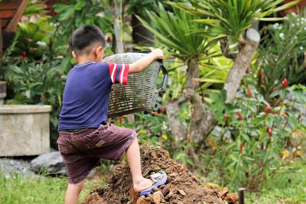 Asian boy pours soil from a bucket