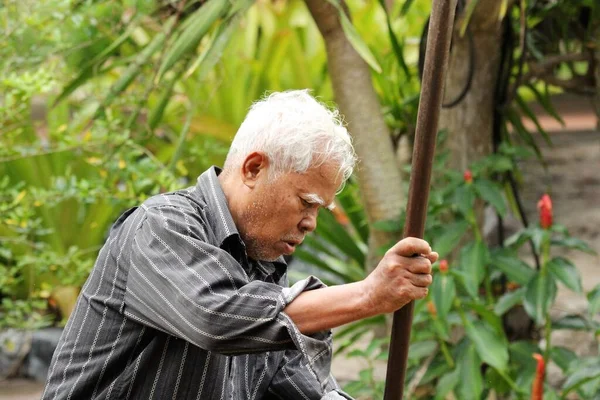 Asian Old Man Farmer Shoveling Soil Plantation Garden Morning Time —  Fotos de Stock