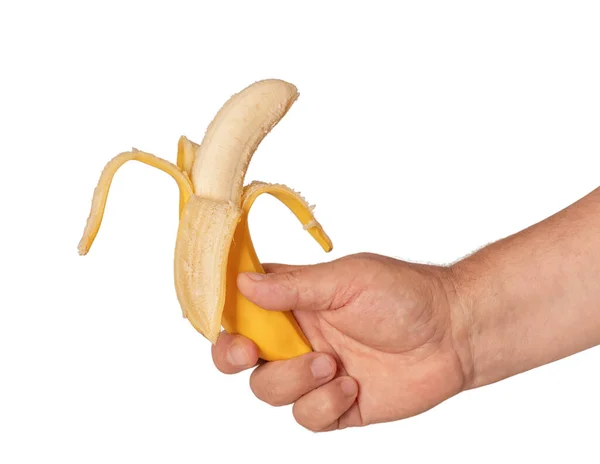Frische Geschälte Banane Der Hand Eines Mannes Isoliert Auf Weißem — Stockfoto