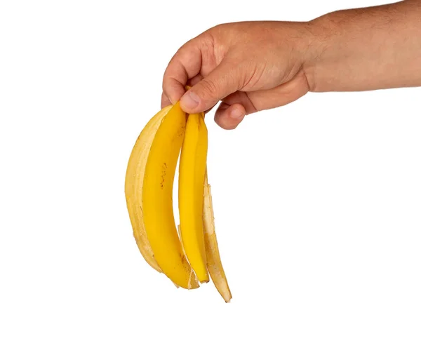 Банановая Кожура Руке Мужчины Изолированный Белом Фоне Мягкий Фокус — стоковое фото