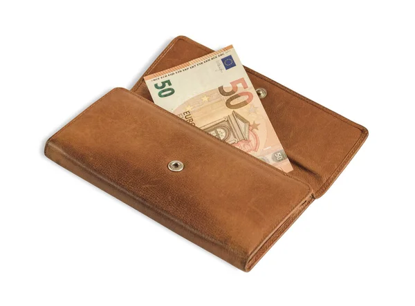 Fifty Euros Open Leather Wallet Isolated White Background — Stok fotoğraf