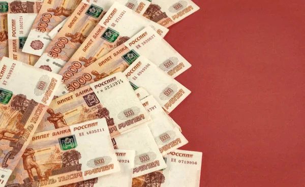 Russian Money Lies Red Background Place Copy — Stok fotoğraf