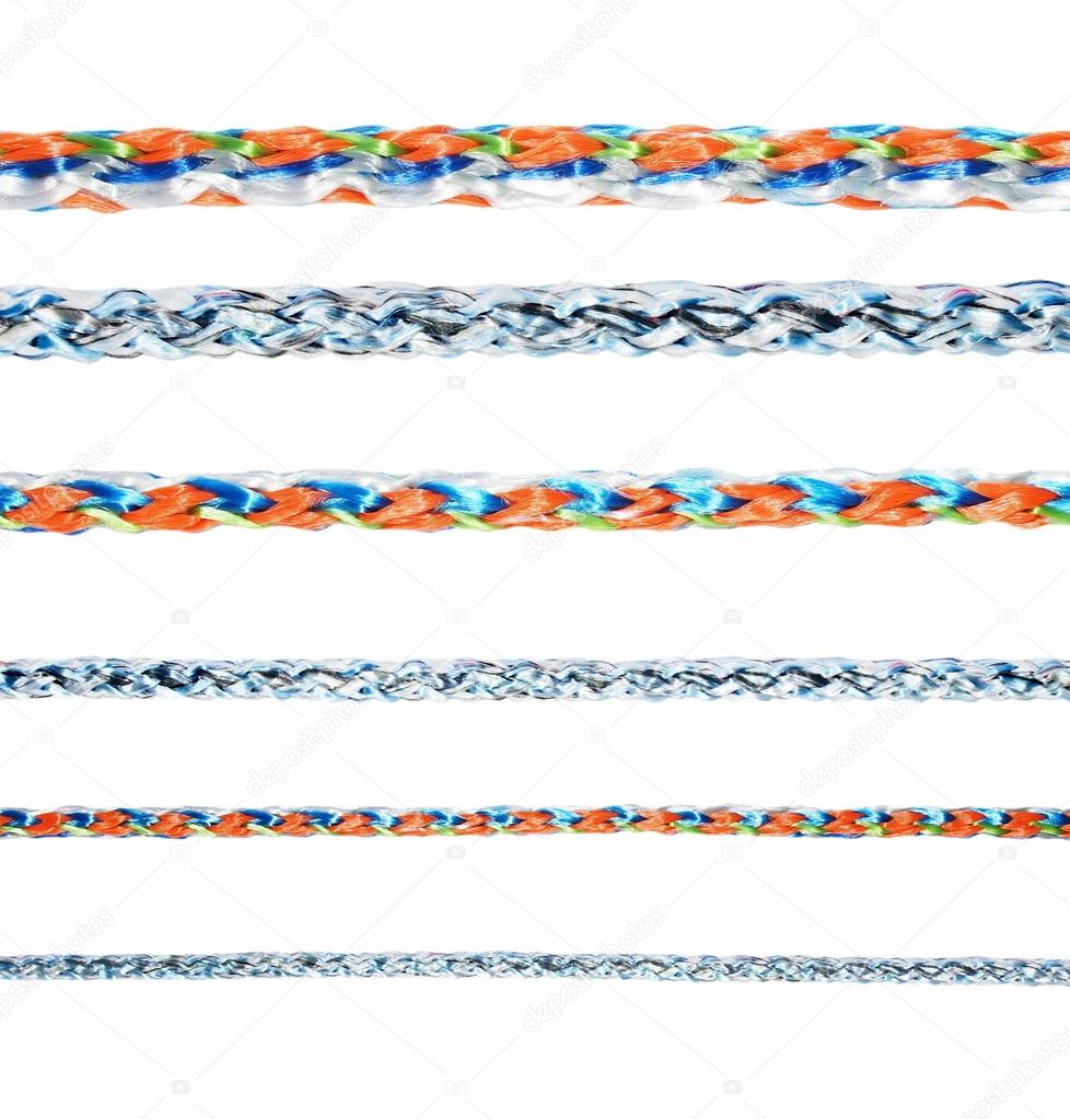 Colorful various ropes isolated on white background, collection