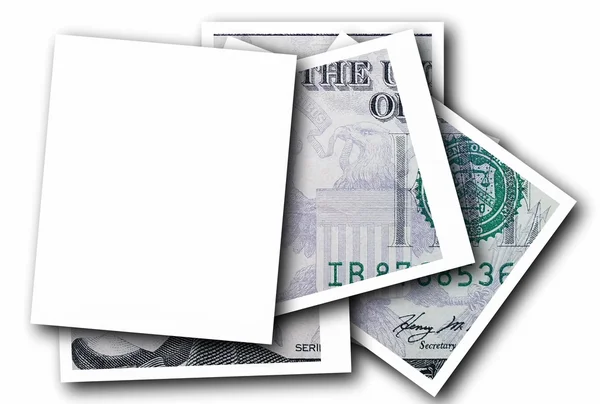 Puste zdjęcie ramki i dollar bill na białym tle — Zdjęcie stockowe