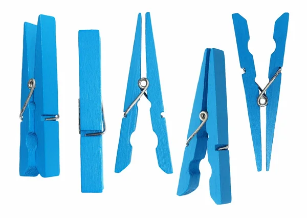 Blauw houten wasknijper geïsoleerd ingesteld op witte achtergrond — Stockfoto