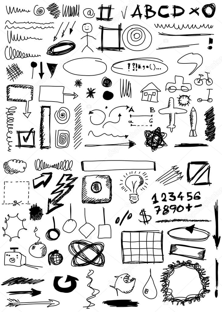 Set hand drawn, doodle, numbers, shapes, circle, square, line