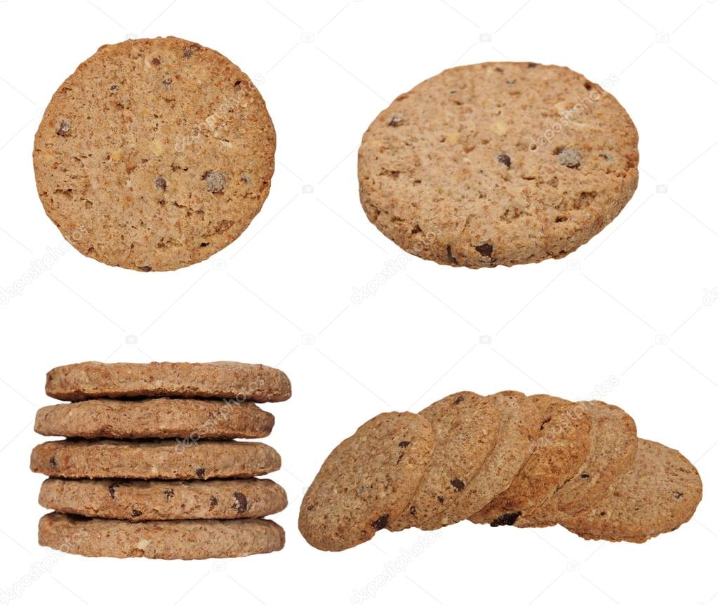 set round integral biscuit with chocolate pieces isolated on white background