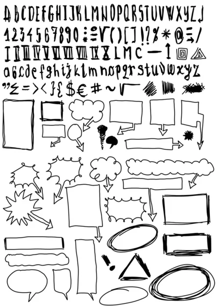 Hand drawn font and numbers, doodles bubble speech, signs and symbols — Stock Photo, Image