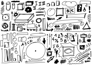 Doodle tasarım öğeleri, set elle çizilmiş şekiller, daire, kare, üçgen