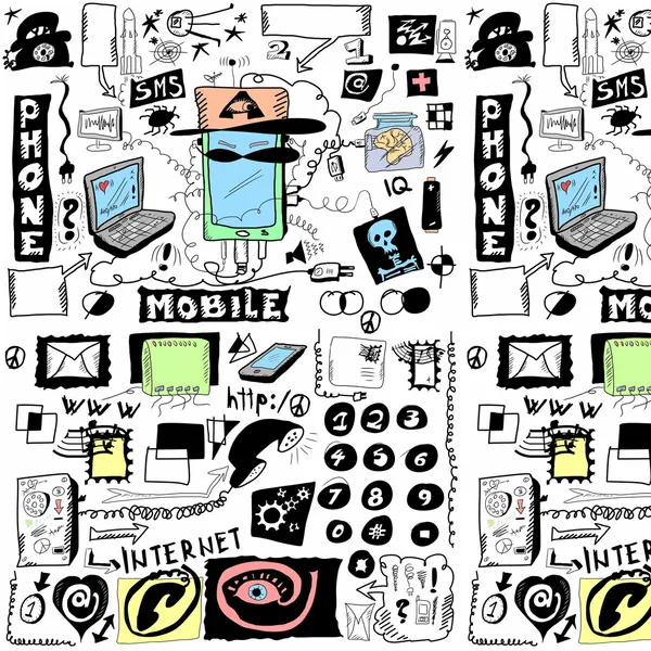 Concetto modello di telefoni cellulari doodle, disegnato a mano isolato su sfondo bianco — Foto Stock