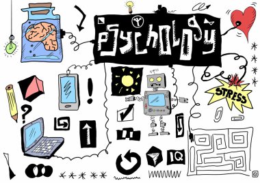 kavramı psikoloji iletişim, renk doodle simgeler ve semboller