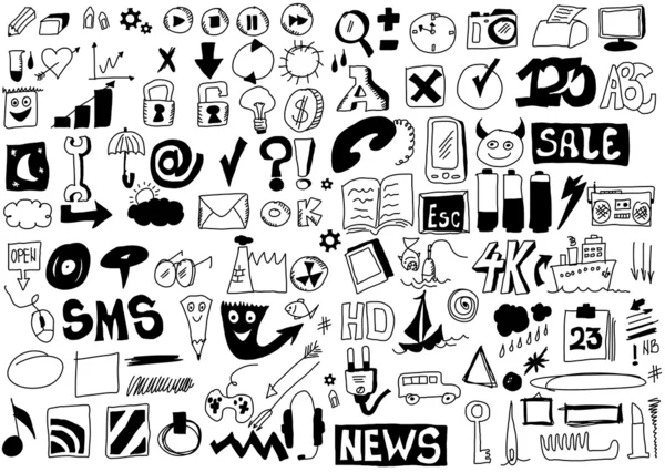 110 Zeichensymbole für Web und Business, Doodles — Stockfoto