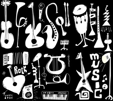 müzik aletleri üzerinde siyah, elle çizilmiş komik müzik izole doodles