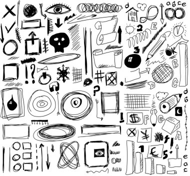 elle çizilmiş, doodle, şekilleri, daire, kare, çizgi, sayılar, üzerinde beyaz izole işareti ayarla
