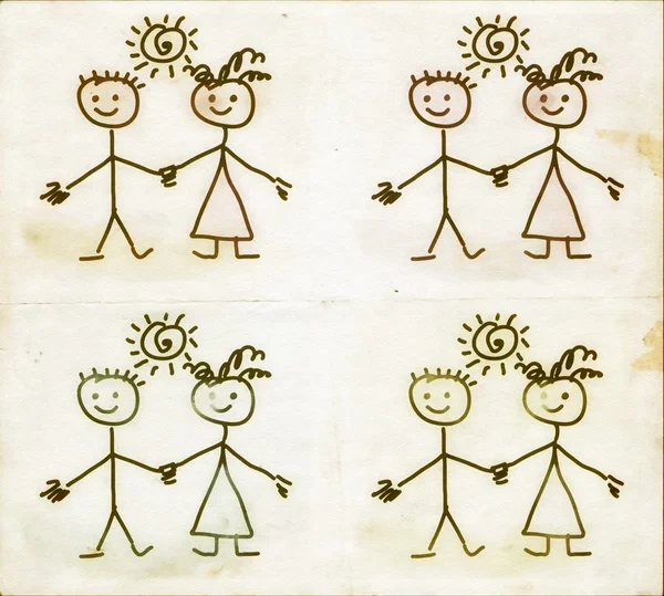 Vereenvoudigde hand getrokken jongen en meisje op oude papier achtergrond, doodle kinderen tekenen — Stockfoto