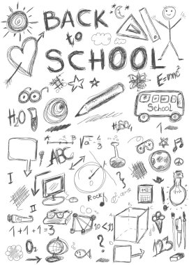 okula dönüş, beyaz zemin üzerine izole okul sembolleri doodle