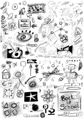 okula dönüş, beyaz zemin üzerine izole okul sembolleri doodle