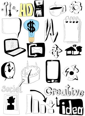 Doodle iş simgeler kümesi, elle çizilmiş üzerinde beyaz izole