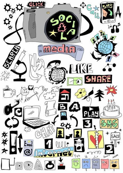 Doodle mídia social, Fundo desenhado à mão — Fotografia de Stock