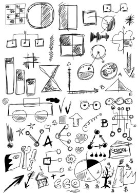çizilmiş tasarım öğeleri iş ver, doodle ok, şekil, çizgi, numaraları, daire, kare