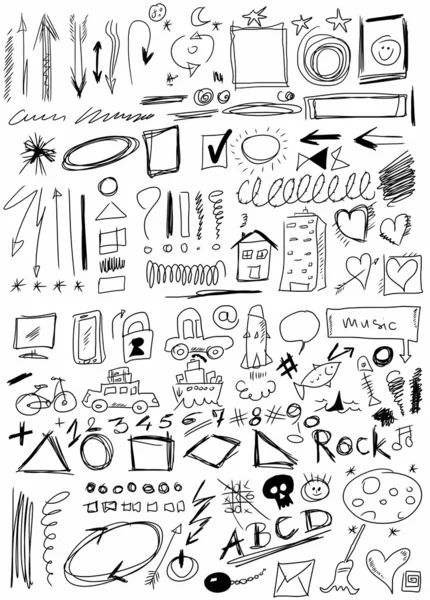 Definir mão desenhada, doodle, seta, formas, linha, números, círculo, quadrado — Fotografia de Stock