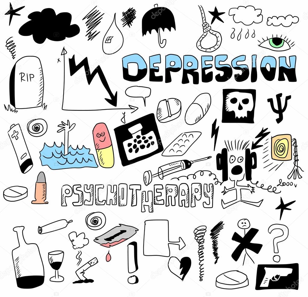 Doodle concept of depression and suicide, psychology hand drawn icons and symbols