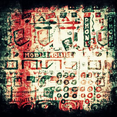 kavram doodle cep telefonları model, eski grunge paslı, pis duvar arka plan, doku