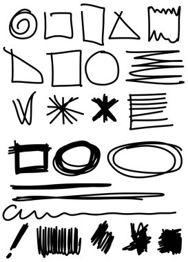 Doodle, set elle çizilmiş şekiller, daire, kare, üçgen