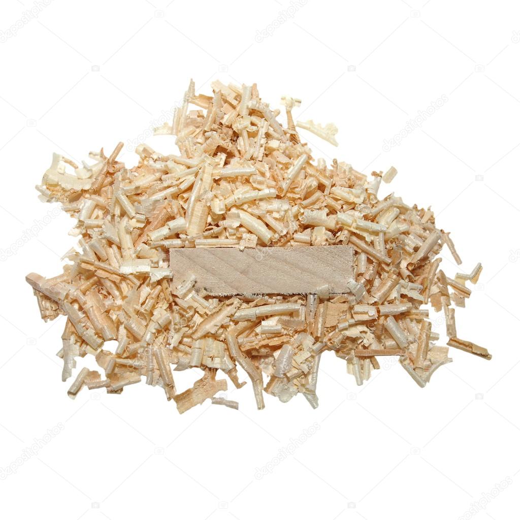 Pile wood shavings and board isolated on white, with clipping path