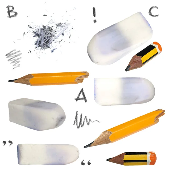 Set old pencil, erasers, isolated on white background, with clipping path — Stock Photo, Image