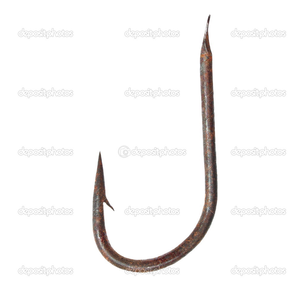 Old rusty fishing hook isolated on white background, with clipping path