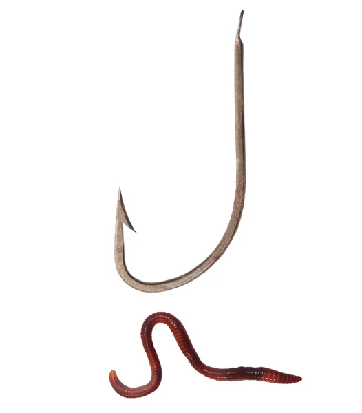 Old rusty fishing hook and earthworm isolated on white — Stock Photo, Image