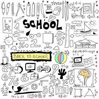Beyaz arka planda, el okula geri çekilmiş izole okul doodle doku