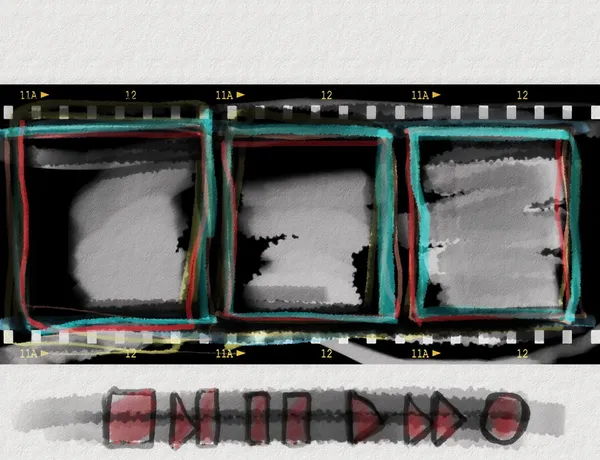 Смуга гранжевої плівки з каракулевими мультимедійними елементами управління на паперовому фоні — стокове фото