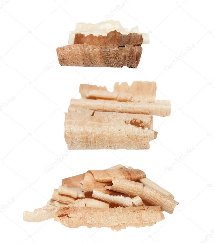 Set wood shavings isolated on white background