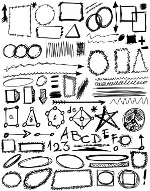 Doodle, set elle çizilmiş şekil, çizgi, daire, kare, üçgen