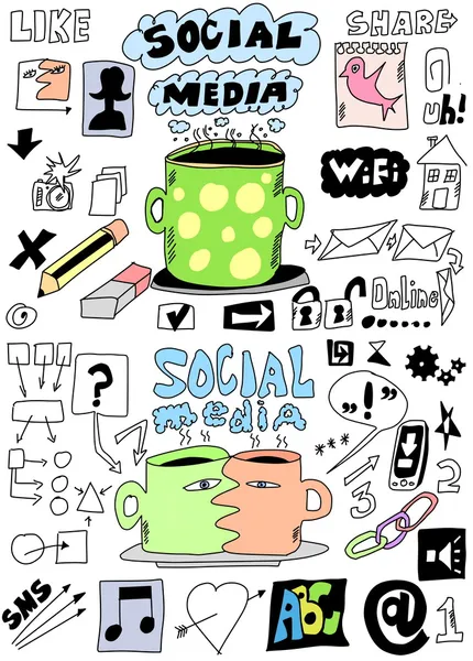 Zestaw media społeczne ręcznie rysowane znak i symbol doodles elementów — Zdjęcie stockowe