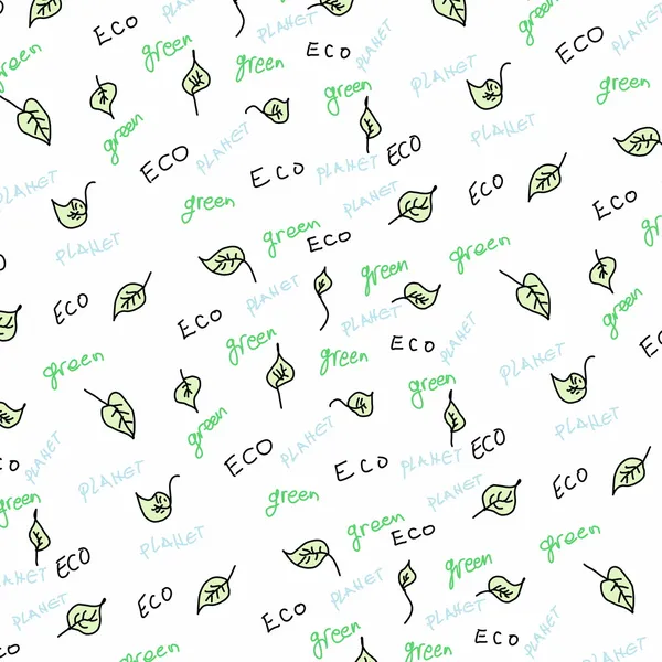 Naadloze patroon met groene bladeren en woord eco doodle — Zdjęcie stockowe