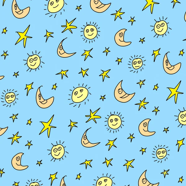 Doodle sun moon and stars pattern background — Stock Photo, Image