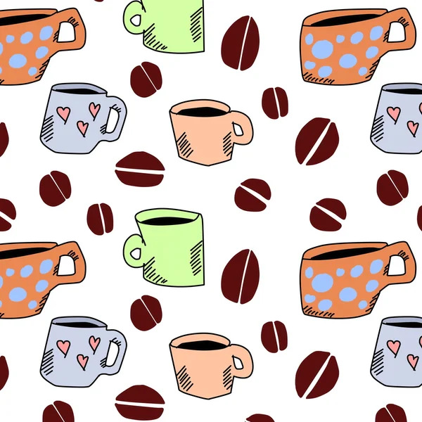 Hand drawn pattern cup of coffee and coffee bean isolated on white — Stock Photo, Image