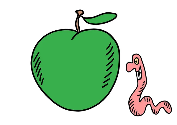 Doodle Grüner Apfel und Wurm — 图库照片