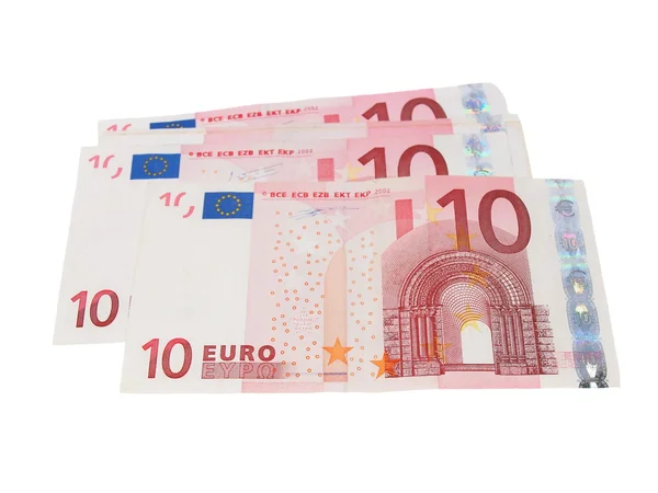 Diez billetes en euros aislados sobre fondo blanco —  Fotos de Stock