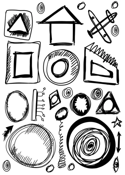 Doodle beállítása kézzel rajzolt alakzatok, absztrakt tárgy, kör, négyzet, háromszög — Stock Fotó